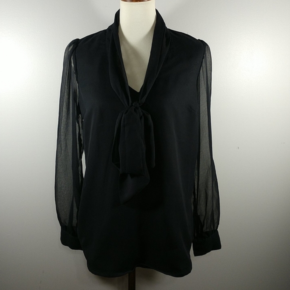 Top: NEW Sheer Long Sleeve Lined Blouse w Bow - Picture 5 of 7